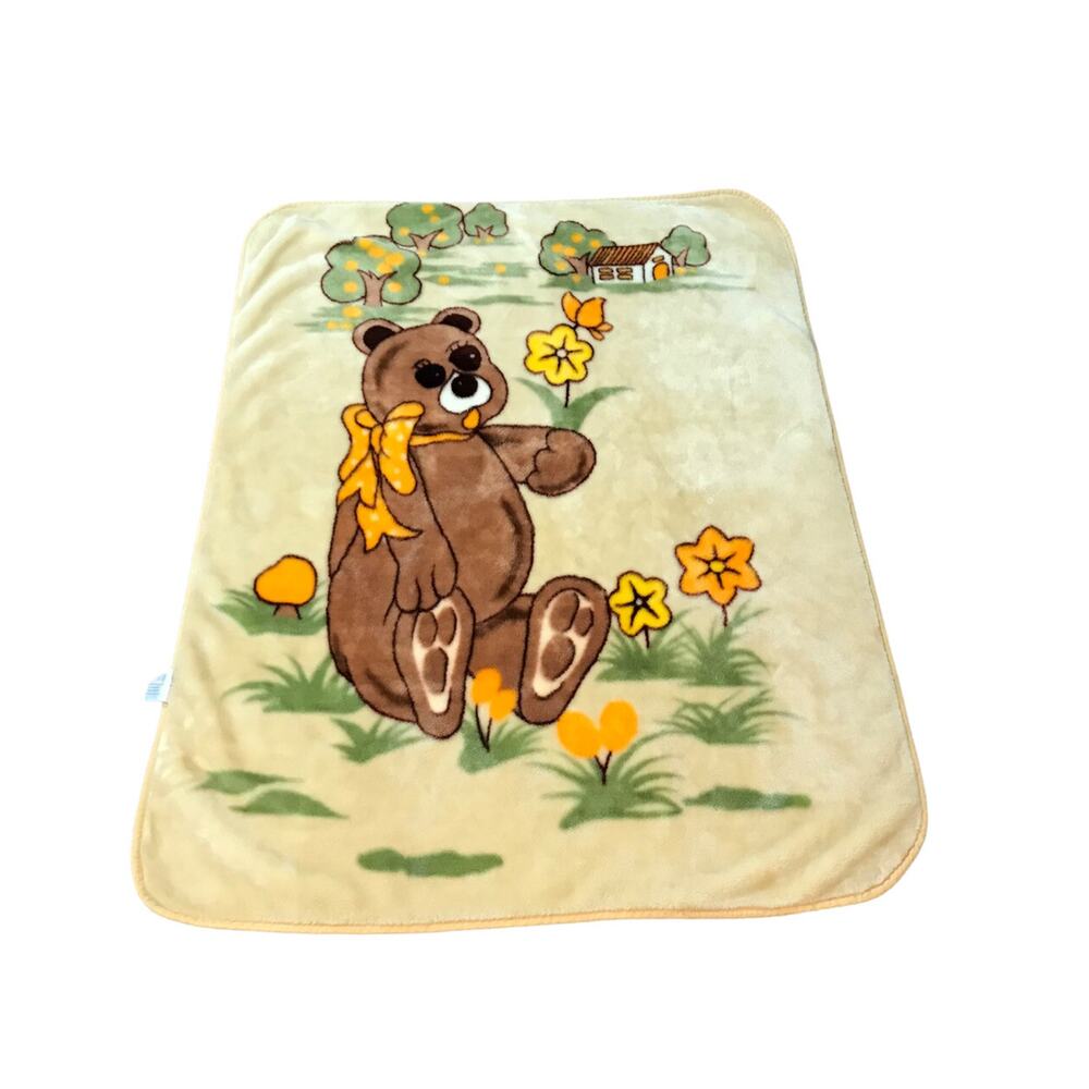 Vintage Cuamatzi Mink Blanket Bear With Flowers And Butterfly 43” X 54”